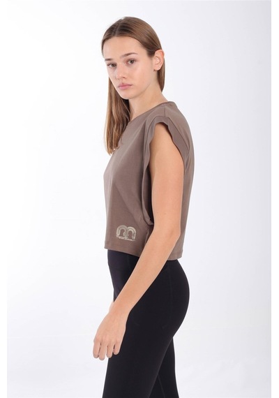 Maraton Regular Kadın Bisiklet Yaka Kakao Crop Top Kahverengi