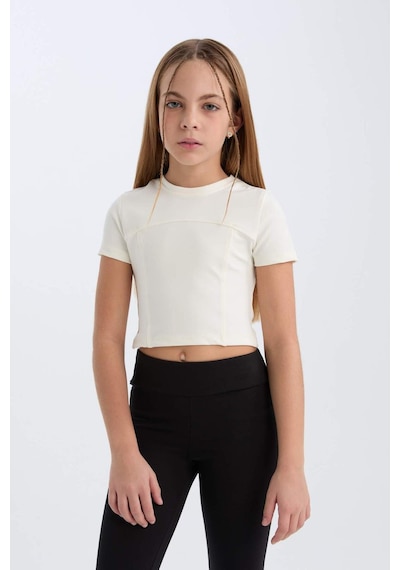 DeFacto Kız Çocuk Slim Fit Dar Kesim Bisiklet Yaka Kısa Kollu Tişört D9789A825SMER99 Ekru