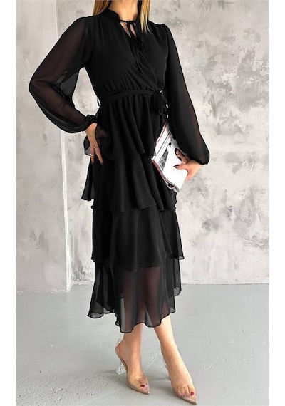 Dip Moda Kadın Astarlı Eteği Kat Kat Şifon Elbise Dpk2041 Siyah