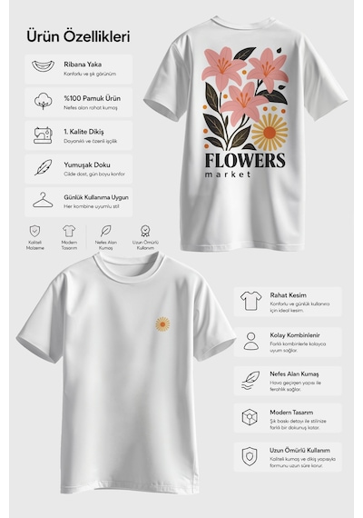 Spoyi Flower Market Tasarımlı %100 Pamuk Yarım Oversize Beyaz T-shirt