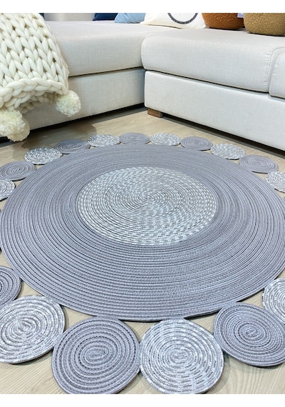 Mavaux Gri Jüt Hasırlı Kırçıllı El Örgüsü Kilim Halı Hasır Yuvarlak Gri
