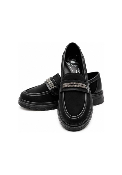 Modafocus Metal Şerit Detaylı Süet Ortopedik Loafer - Siyah Siyah