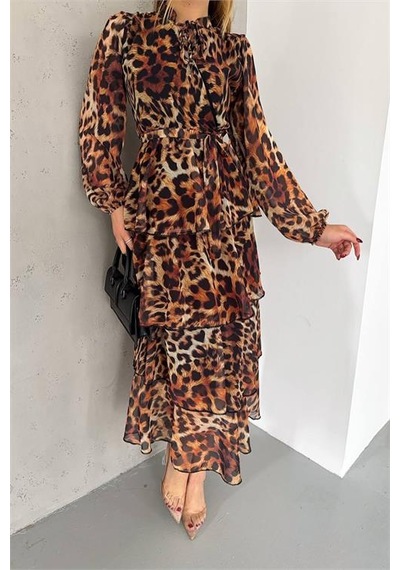 Neşeli Butik Kadın Eteği Kat Kat Leopar Desenli Şifon Elbise Nbkklf2036 Kahverengi