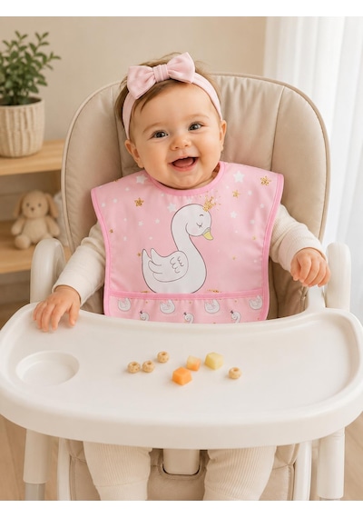 Set Kısa Kollu Bağlamalı Ayarlanabilir Sıvı Geçirmez Aktivite ve Mama Önlüğü Kuğu & Sevimli Ayıcıklı Çok Renkli 2'li