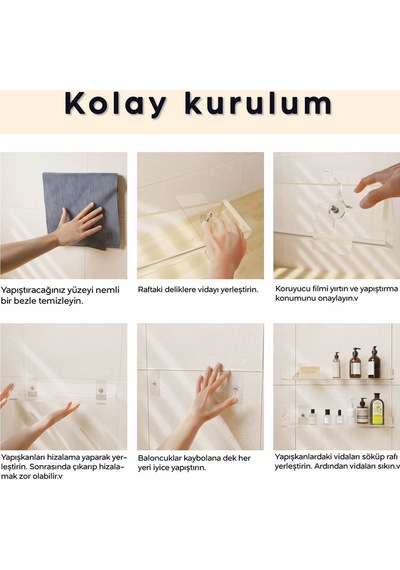2 Adet Pleksi Hayalet Raf Banyo Mutfak Düzenleyici Kendinden Yapışkanlı Vidalı Raf - 40 Cm Şeffaf