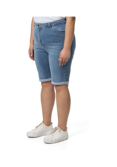 Büyük Beden Paçası Katlamalı Beş Cepli Denim Açık Mavi Şort-açık Mavi Açık Mavi