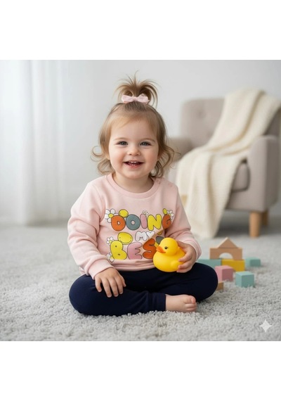 Poppy Trend Kız Bebek Baskılı Çıt Çıtlı Alt Üst İkili Gündelik Takım Pudra