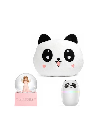 Panda Temalı Dekoratif Tasarıma Sahip Hediye Seti Peluş Panda Yastık + Buhar Makinesi Nemlendirici + Melek Figürlü Kar Küresi Dekoratif Hediye Seti