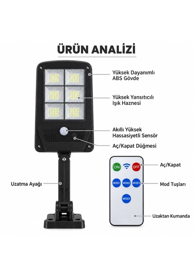 Solar Lamba Sokak Bahçe Aydınlatması Hareket Sensörlü 3 Modlu Uzaktan Kumandalı Su Geçirmez Sıcağa Soğuğa Dayanıklı Beyaz Işık 120 Derece Geniş Açı -
