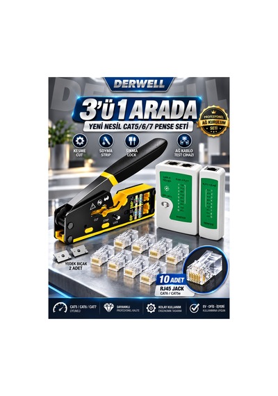 Yeni 2026 3in1 Profesyonel Ağ Kurulum Seti Yeni Nesil Cat5 Cat6 Cat7 Network Ethernet Kablo Pensesi Kesme Soyma Sıkma Kilitleme Fonksiyonlu - Dijital Kablo Test Cihazı Master Remote - 10lu Rj45 Jack