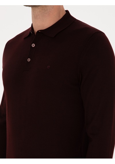 Cacharel Bordo Slim Fit Yün Karışımlı Polo Yaka Basic Triko Kazak Kırmızı