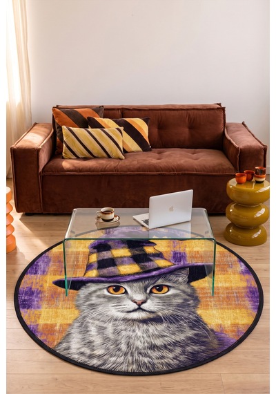 Cadı Şapkalı Kedi Desenli Yuvarlak Halı Mor Sarı Şönil Dokulu Dekoratif Halı Mor Sarı Turuncu