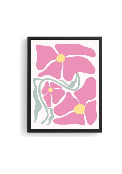 Doğal Ahşap Çerçeveli Retro Çiçek Desenli Tablo - Pastel Pembe Floral Huhu2776