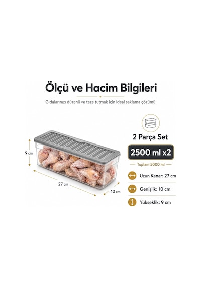 Derin Dondurucu 2 Parça Plastik Saklama Kabı Seti, 5000ml, Buzluk Düzenleyici Şeffaf Kap, Buzdolabı Gıda Erzak Kapaklı Depolama Kutusu, 2500 X2 Antrasit, 5000, Mililitre