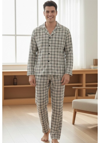 Siyah İnci Erkek Ekoseli %100 Pamuklu Örme Düğmeli Pijama Takım 7985 Gri Ekose