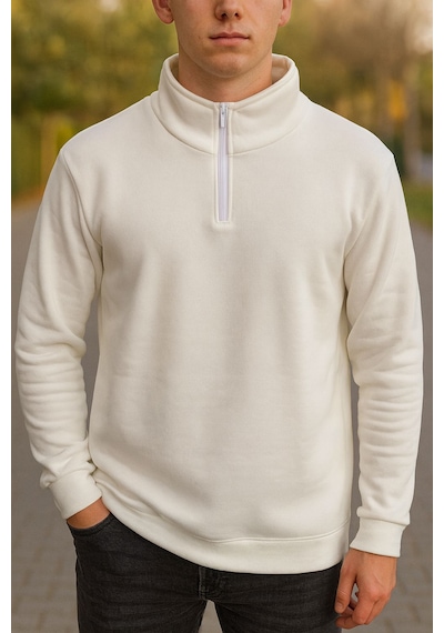 Yarım Fermuarlı Erkek Polar Sweatshirt - Sıcak Tutan , Rahat Kalıp Beyaz