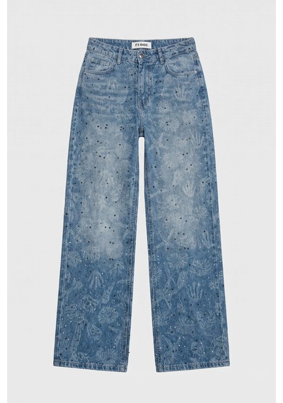 it's basic Kadın Kot Rengi T-2s6-27 Straight Fit Özel Baskılı Kumaş Parlak Taşlı Tasarım Denim Jean