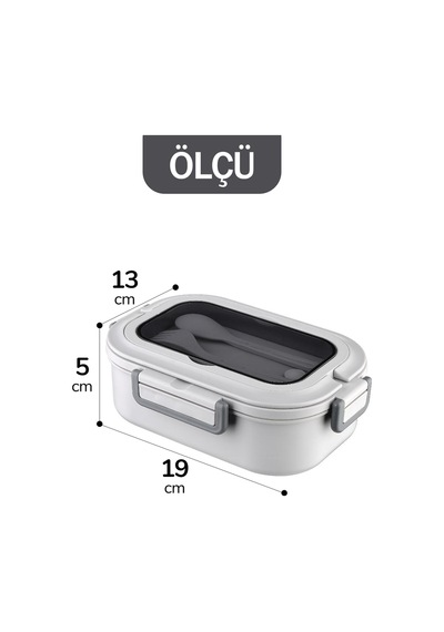 2 Bölmeli Kaşık Çatallı Paslanmaz Çelik Yemek Kabı Lunch Box Sefer Tası Beslenme Kabı Gri