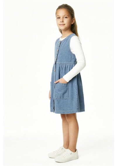 Kız Çocuk 2'li Jean Elbise Çift Cepli Jean Elbise+bluz 12533 Mavi
