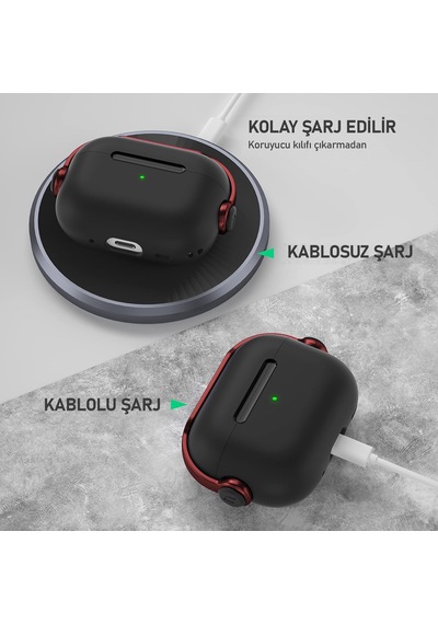 Airpods 4 Uyumlu Djpods Sert Malzemeli Dayanıklı Koruyucu Kilitli Kapak Askı Aparatlı Kılıf Siyah - Kırmızı