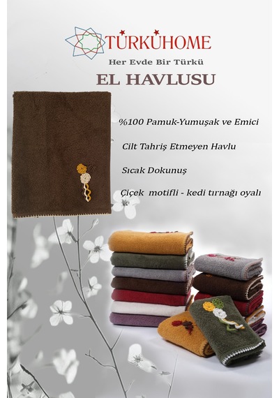 Çiçek Motifli, Kedi Tırnağı Oyalı, Yumuşak Dokulu Pamuk Havlu 50x90 Cm Kahverengi
