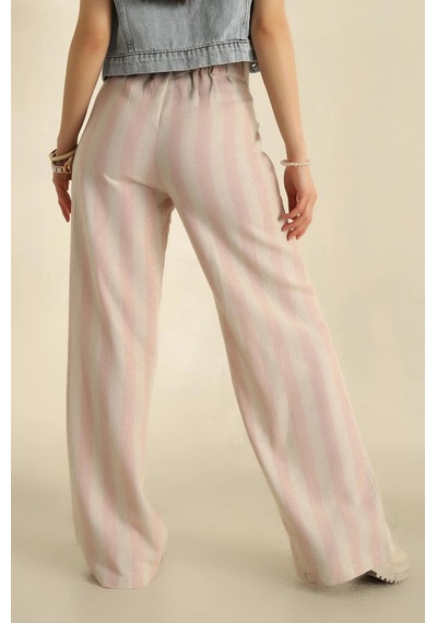 Vıoshıne Kadın Çizgili Bol Paça Keten Pantolon-pembe Pembe