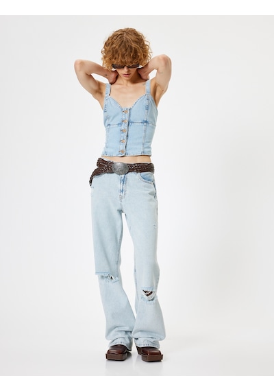 Koton Denim Üst Kalp Yaka Kolsuz Düğmeli Slim Fit Açık İndigo 4sal30057md