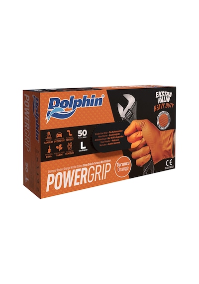 Dolphin Nitril Powergrip Ekstra Kalın Elmas Dokulu Eldiven Turuncu Large Büyük Boy - 50'li 20 Paket