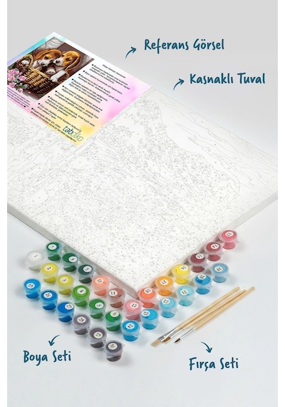 Sayılarla Boyama Seti 40 x 50 CM Tuval Şasesine Gerili Yavru Köpekler
