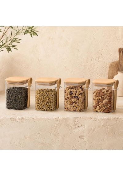 450 Ml Kaşıklı Cam Kavanoz 4'lü Set, Bambu Kapaklı Şeffaf Cam Saklama Kabı, Çay Kahve Şeker Baharat Kuruyemiş Kavanozu, Mutfak Düzenleyici Kaşıklı Baharatlık Seti Çok Renkli