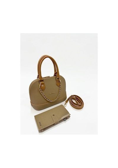 Just Polo Kadın Zincir Detaylı Lüks El & Omuz Çantası Ve Cüzdanı Kombin Shopper Ebat : 25x22 Cm Krem - Camel 93833165