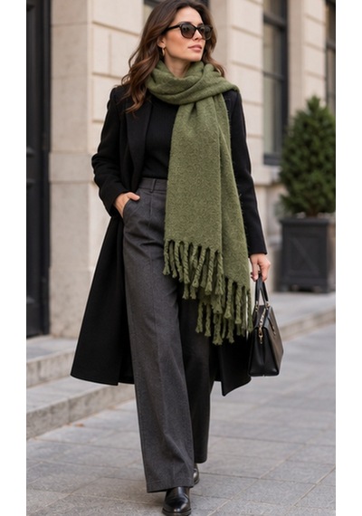 Oliva Muse Haki Yeşil Oversize Soft Touch Püsküllü Kışlık Şal Old Money Stil, Yumuşak Dokulu Premium Kadın Atkı & Omuz Şalı 50x175 Cm Çok Renkli