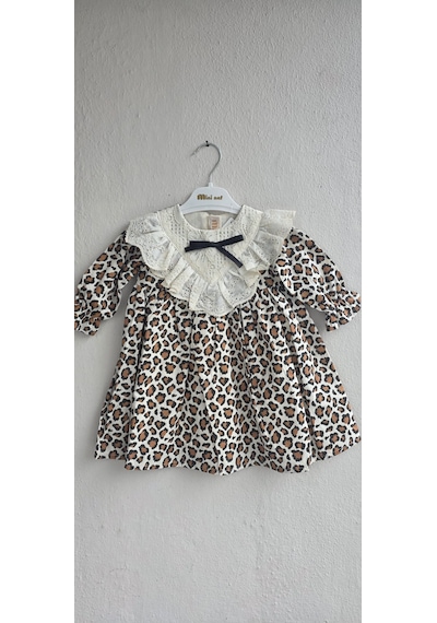 Kız Bebek Çocuk Dantel Detaylı Leopar Desen Astarlı Keten Doğum Günü , Düğün , Bayramlık Elbise Leopar