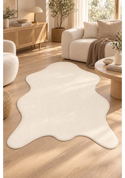 Rokan Peluş Post Şeklinde Halı Krem Salon Antre Yumuşak Kaymaz Taban Yıkanabilir Modern Polyester Halı