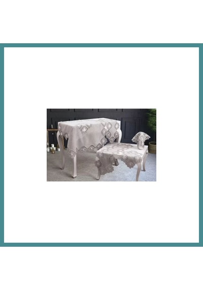 Trendexa Salon Takımı 5 Parça Keten Dantelli Masa Örtüsü Runner Seti Çeyizlik Flowers Model No 9964 Kapiçino Mac