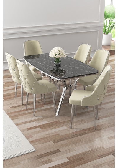 Canisa Asel Serisi 90x160 Lak Panel Siyah Mermer Desen Krom Detay Masa Takımı Ve 6 Krem Sandalye Siyah Mermer Masa Sandalye Krem Krom Detay Canisa Asel Serisi 90x160 Lak Panel Siyah Mermer Desen Krom Detay Masa Takımı Ve 6 Krem Sandalye Siyah Mermer Masa Sandalye Krem Krom Detay