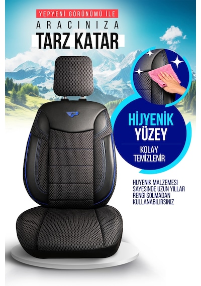 Siyah - Mavi Panda Dragon Serisi Dokuma Kumaş Oto Koltuk Kılıfı - Tam Set