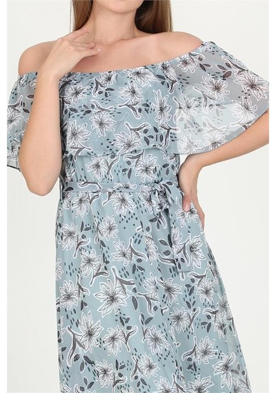 Neşeli Butik Kadın Madonna Yaka Kuşaklı Desenli Şifon Elbise Ry10037 Mint
