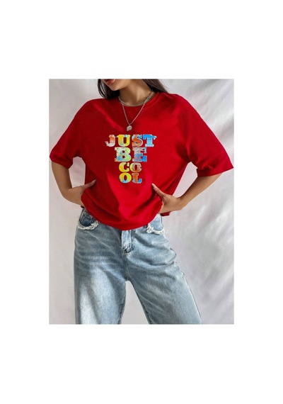 Medinenur Unisex Just Be Cool Baskılı Tshirt Kırmızı