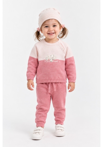Babyhola Çocuk Teddy Bear Detay Kazak Pantolon Bere Triko Kışlık Takım 22113 Pembe