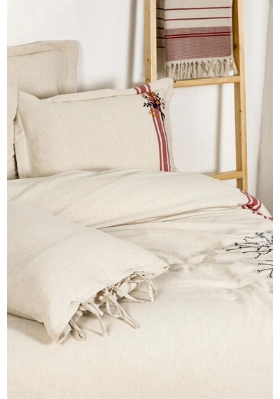 Ecocotton Charla Çift Kişilik Nevresim Takımı %100 Organik Pamuk Kenevir Karışımlı Ekru-kırmızı 200x220 Cm-1206