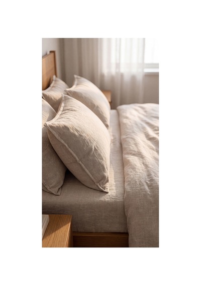 %100 Pamuk Keten Çift Kişilik Nevresim Takımı Lastikli Çarşaflı 200x220 Cm Taş Rengi - 904806307 Taş Rengi