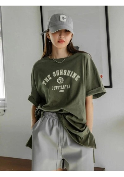 Flood Of Style Kadın Haki The Sunshine Baskılı Oversize Bisiklet Yaka Tshirt
