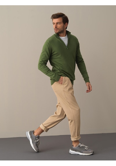 Xint Yeşil Regular Fit Fermuarlı Yarım Balıkçı Yaka Pamuklu Kazak 8016
