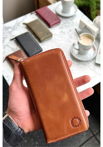 Leo Taba Unisex Hakiki Deri Telefon Bölmeli Cüzdanı Taba