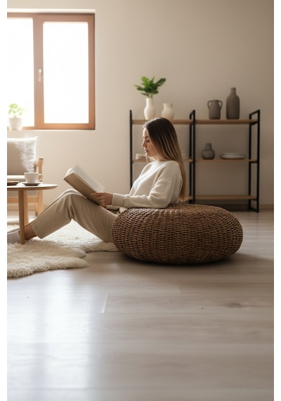 Akayev Nature Hasır Büyük Yuvarlak Puf Minder 60 Cm Kahverengi