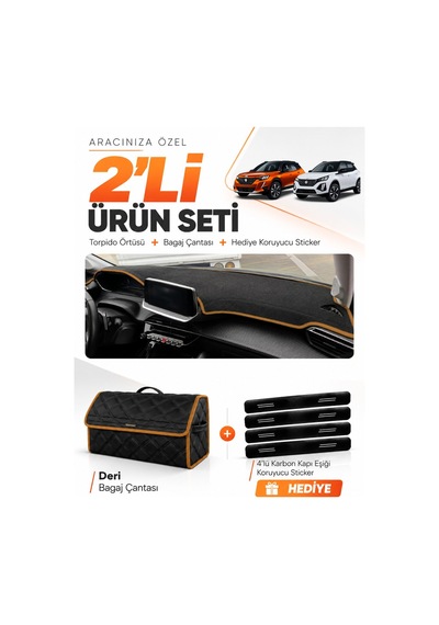 E-biz Peugeot 2008 2020-2026 Uyumlu Torpido Örtüsü + Deri Bagaj Çantası - Siyah-kahverengi - Pe011