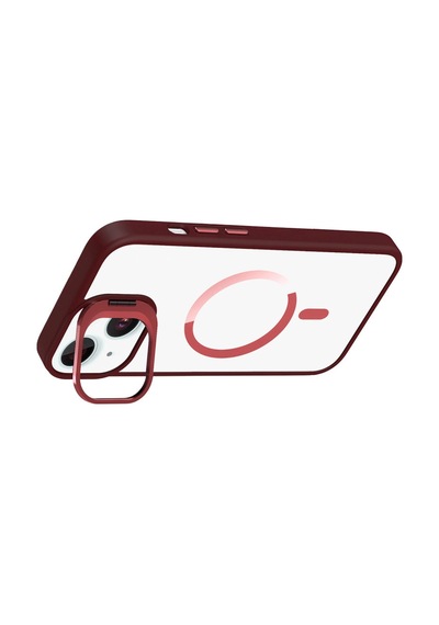 Joko Apple iPhone Uyumlu 13 Remim Lensli Magsafe Standlı Kapak - Bordo Düz Renkli