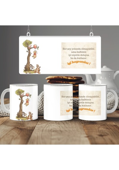 Winnie The Pooh Tasarım İyi Bayramlar Temalı Kupa Bardak Sevdiklerine Özel Pozitif Bardak Hediye Beyaz
