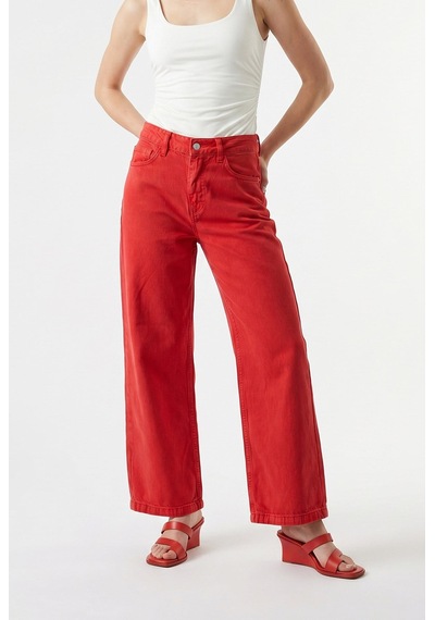 Mixray 2128 Kadın İnce Mevsimlik Yüksek Bel Wide Leg Denim Pantolon Kırmızı